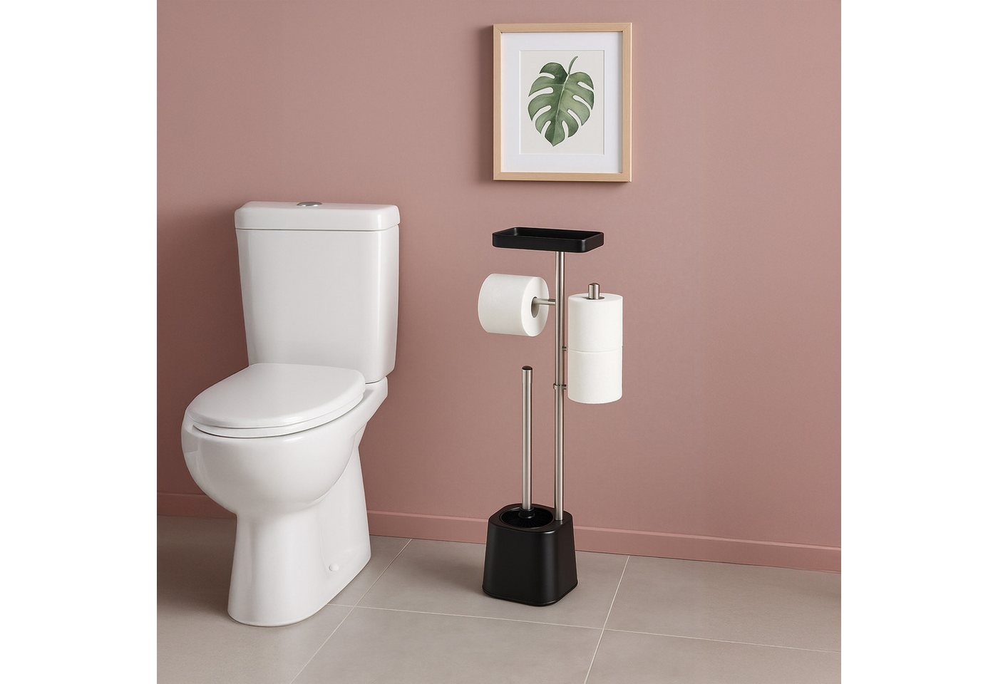 relaxdays WC-Garnitur mit Ablage, moderne Badeinrichtungen, alle handelsüblichen Toilettenpapierrollen, Gäste-WC, Badezimmer, (3-tlg), schwarz – Bild 3 von 5