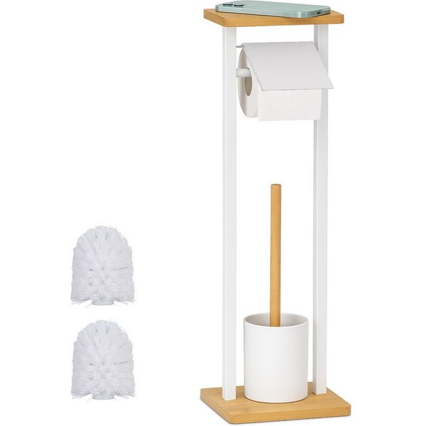 relaxdays WC-Garnitur mit Ablage, Handelsübliche WC-Bürstenköpfe, Handelsübliche Toilettenpapierrollen, (3-tlg), weiß