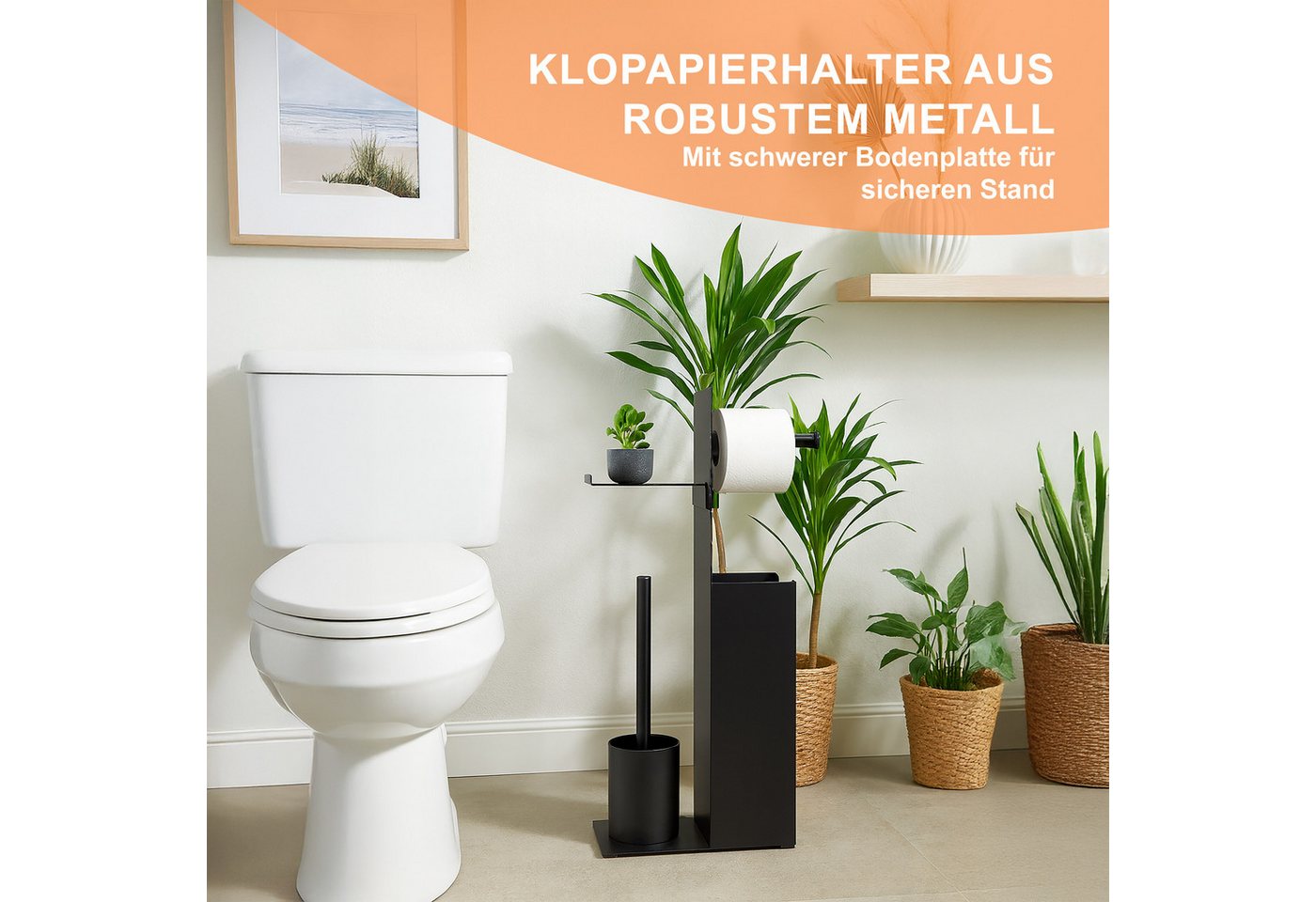 relaxdays WC-Garnitur mit Ersatzrollenhalter, Gäste-WC, Badezimmer, (3-tlg), schwarz – Bild 3 von 5