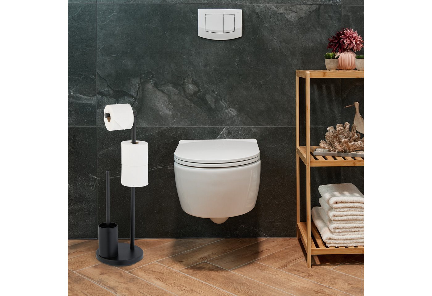 relaxdays WC-Garnitur mit Toilettenpapierhalter, Gäste-WC, Badezimmer, (3-tlg), schwarz – Bild 2 von 5
