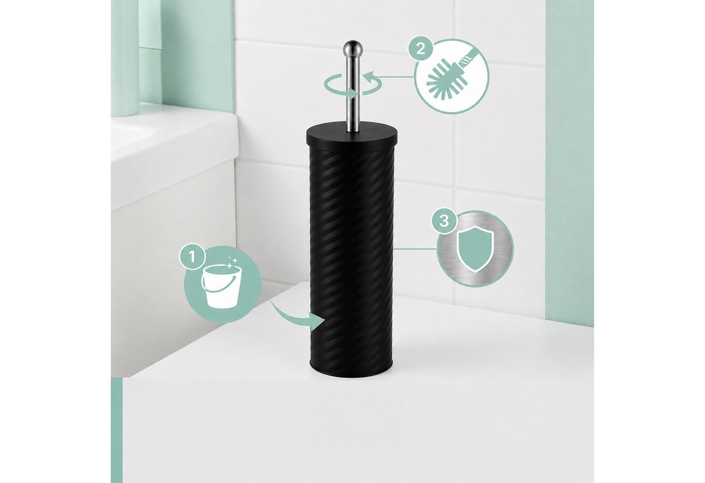relaxdays WC-Garnitur WC Bürste mit Behälter, alle handelsüblichen Toiletten, (2-tlg), schwarz – Bild 3 von 5