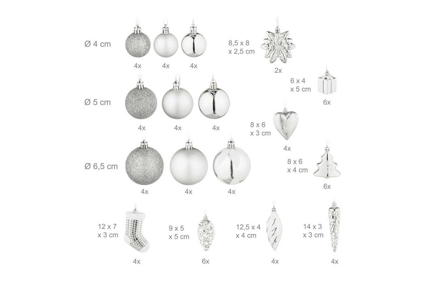 relaxdays Weihnachtsbaumkugel Weihnachtskugeln im 72er Set (72 St), silber – Bild 4 von 5