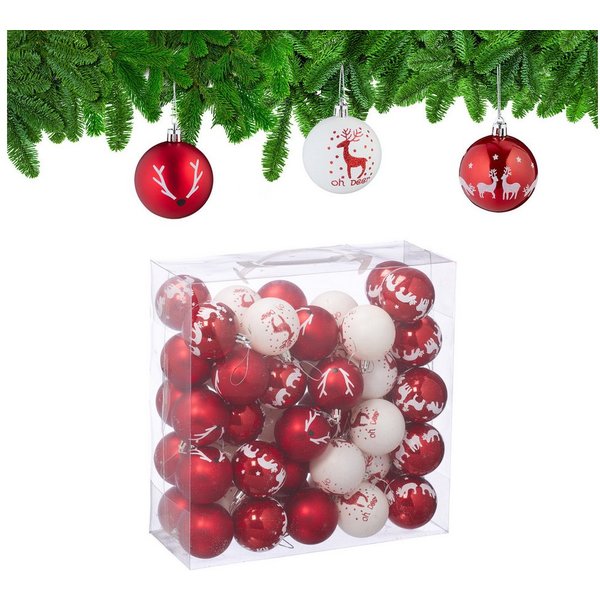 relaxdays Weihnachtsbaumkugel Weihnachtskugeln Rentier 50er Set (50 St), Weiß-Rot