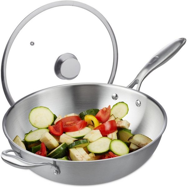 relaxdays Wok Edelstahl Wok mit Glasdeckel, Edelstahl (2-tlg)