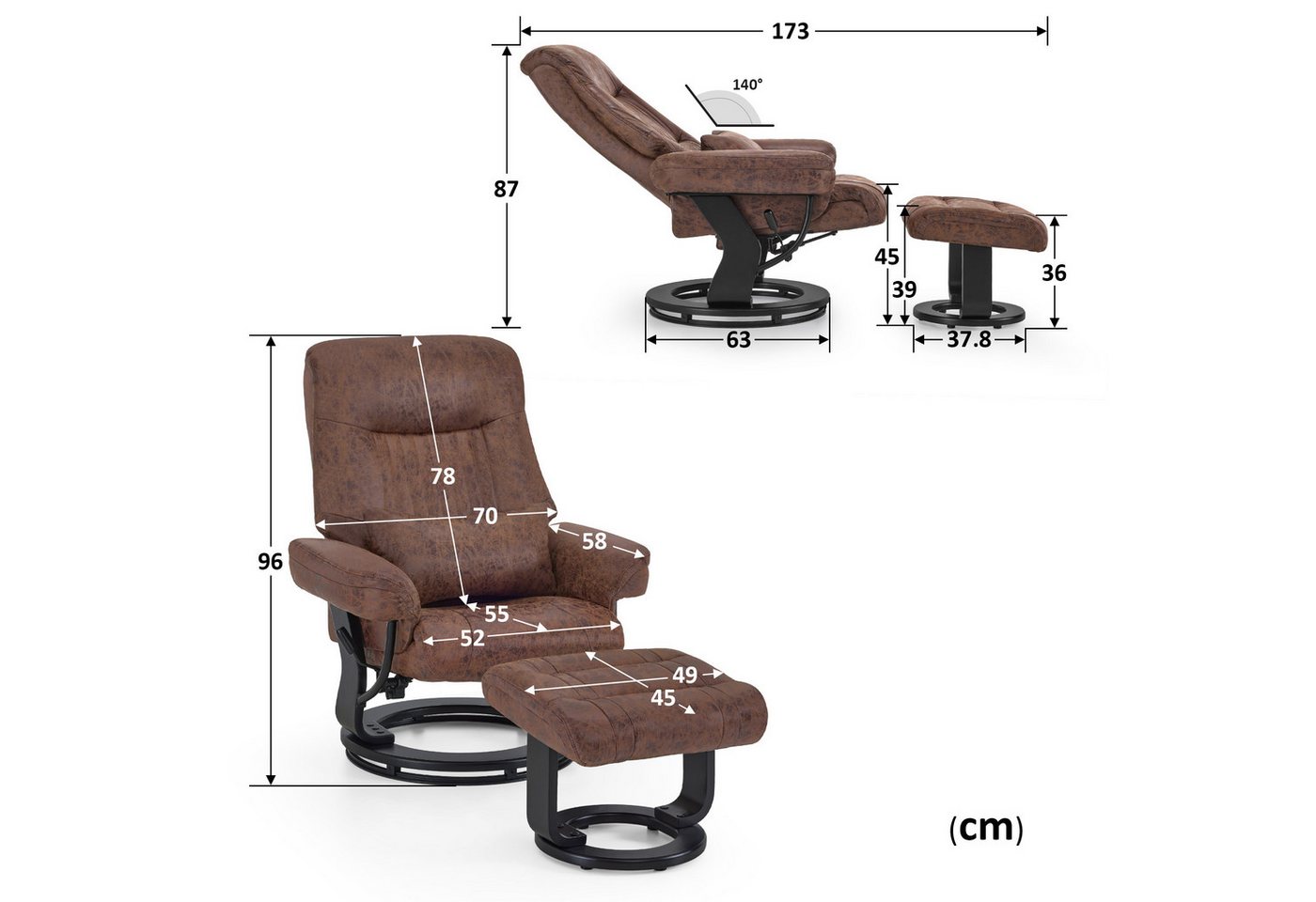 MCombo Relaxsessel M MCombo Relaxsessel mit Liegefunktion, Lesesessel mit Hocker 9035 (Relaxsessel inkl. Hocker), 360° Drehbarer, mit Kissen & Seitentasche, bis – Bild 3 von 5