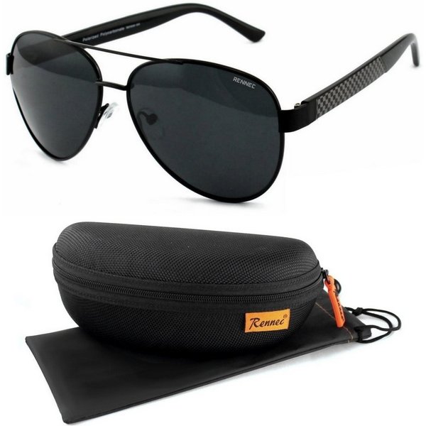 Rennec Sonnenbrille (Polarisierte Pilotenbrille Oversize Schwarz mit Brillenbox, 1x Piloten Sonnenbrille für Damen Herren in XL) Linsen Smoke Schwarz UV400 Getö