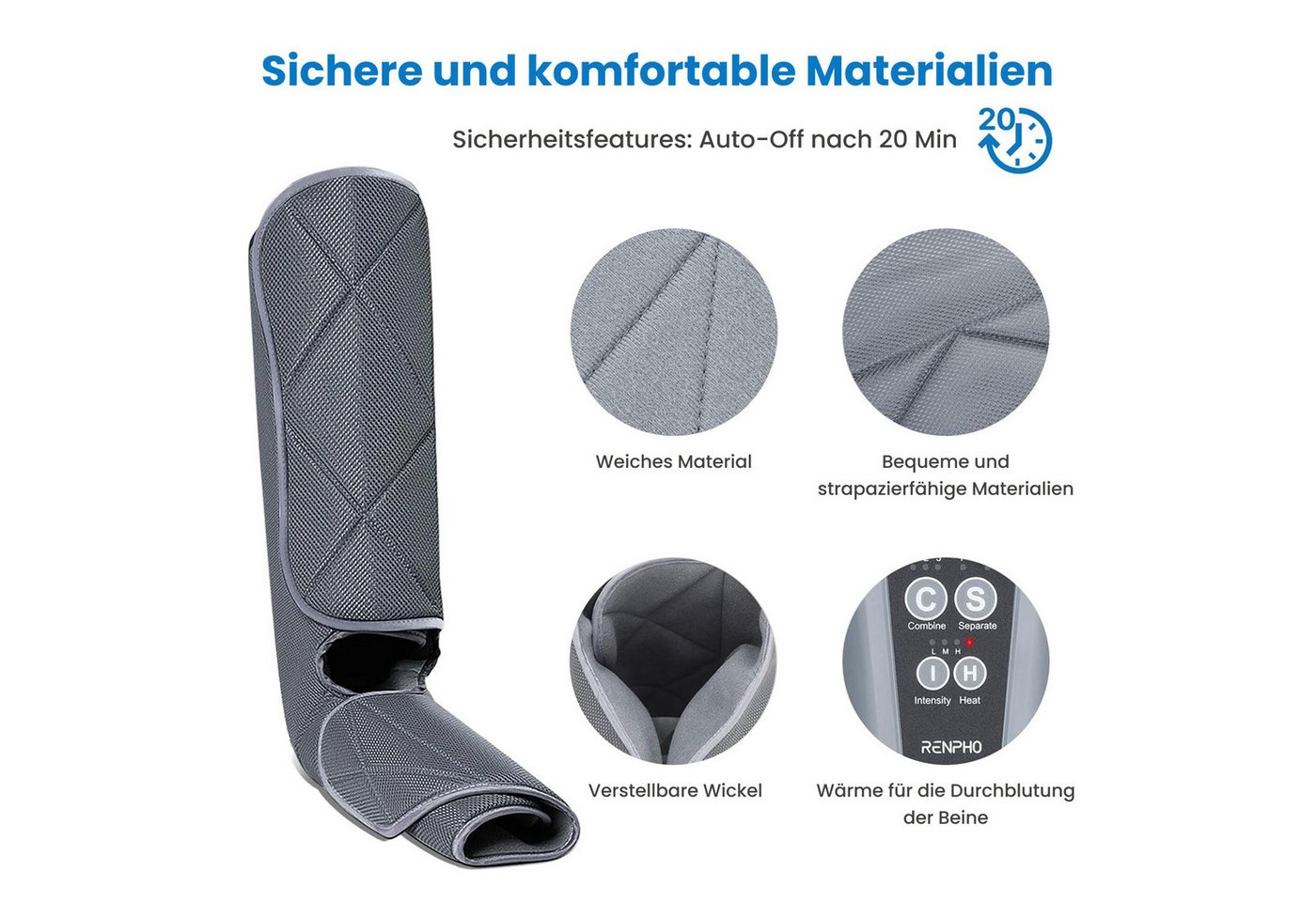 RENPHO Fußmassagegerät Aeria Elementary Thermal, Luftdruck für Beine/Füße, Wärme, 5 Modi, Memory, Fernbedienung – Bild 2 von 5