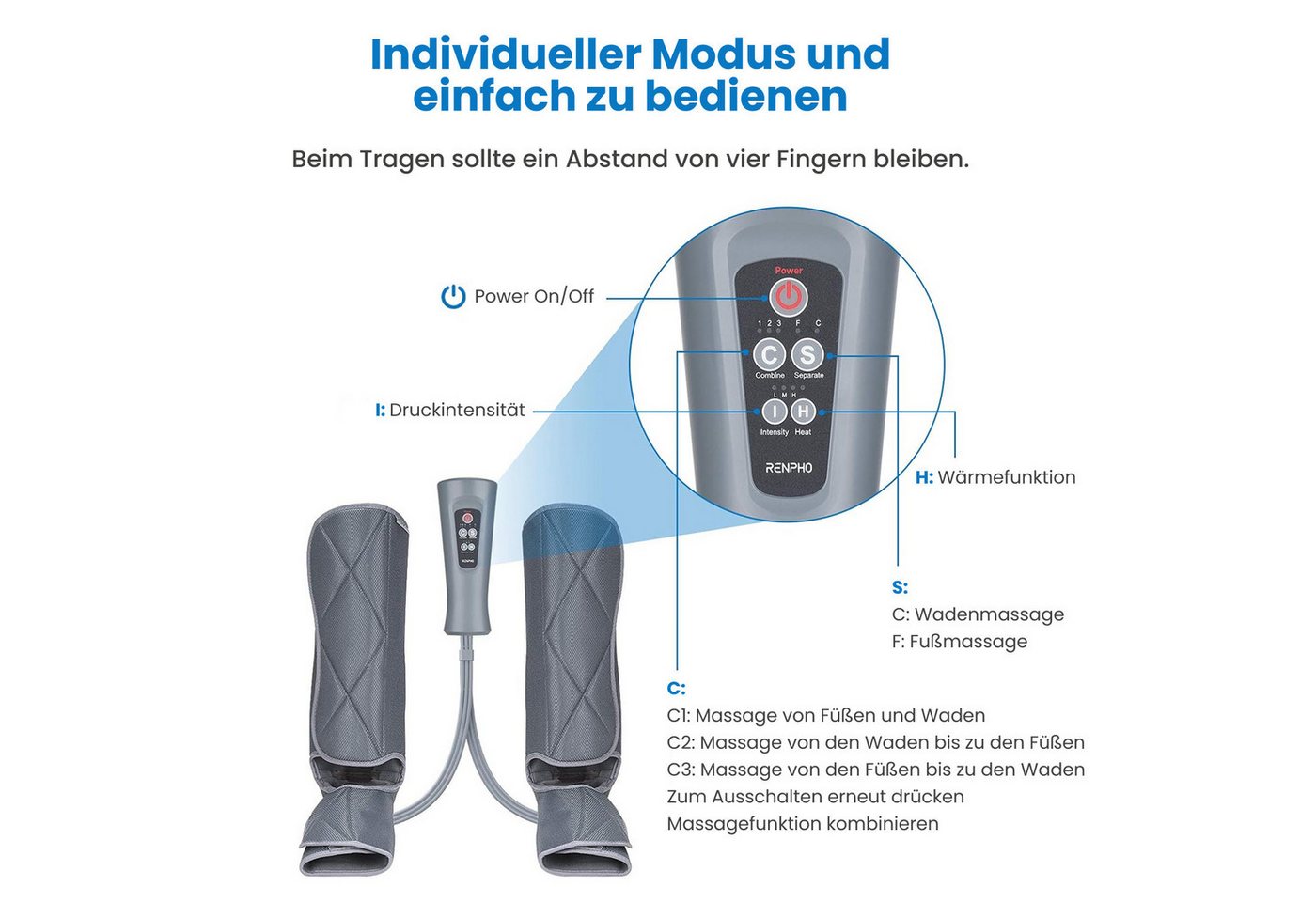 RENPHO Fußmassagegerät Aeria Elementary Thermal, Luftdruck für Beine/Füße, Wärme, 5 Modi, Memory, Fernbedienung – Bild 3 von 5