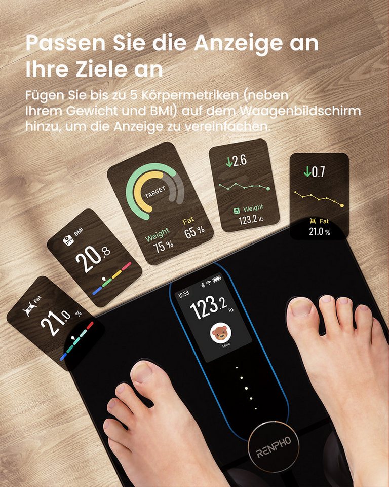 RENPHO Körper-Analyse-Waage Elis Nova WIFI Smart Body Scale A031, Smarte Analysewaage mit 13 Körpermessungen & 5 Gesundheitszielen – Bild 2 von 5