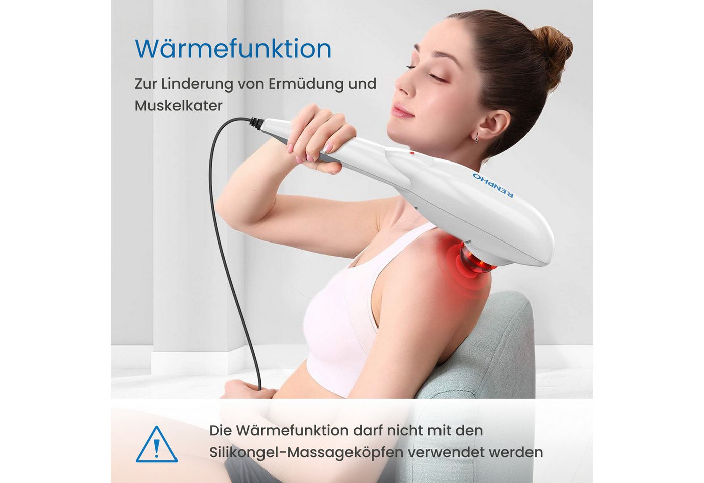 RENPHO Massagegerät Handheld Rückenmassagegerät mit Wärme, Rückenmassage mit Wärme, 3 Aufsätze, 5 Stufen, Abschaltung, Netz – Bild 2 von 5