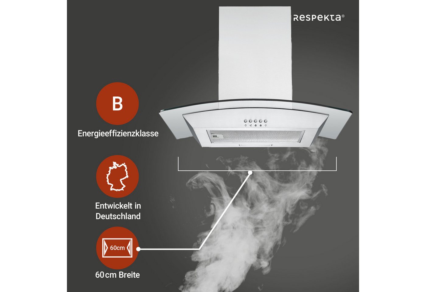 RESPEKTA Deckenhaube Nova Serie CH0160IXB EEK: B, 3 Leistungsstufen, LED-Beleuchtung, Ab- und Umluftfähig – Bild 5 von 5