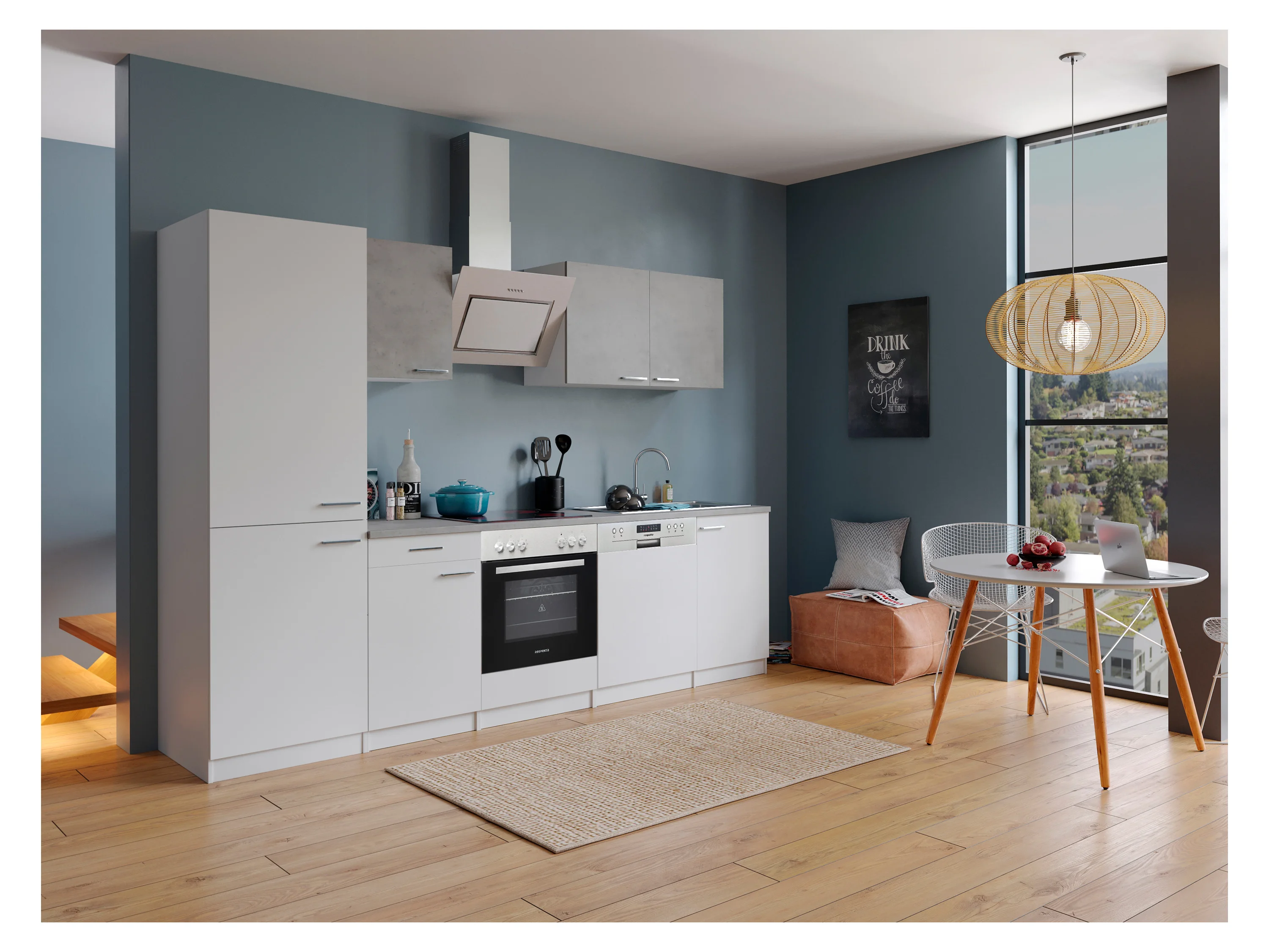 RESPEKTA Küche Malia (GlaskerKochf., KühlKombi, GSP, Weiß/Beton, 280 cm) – Bild 2 von 4