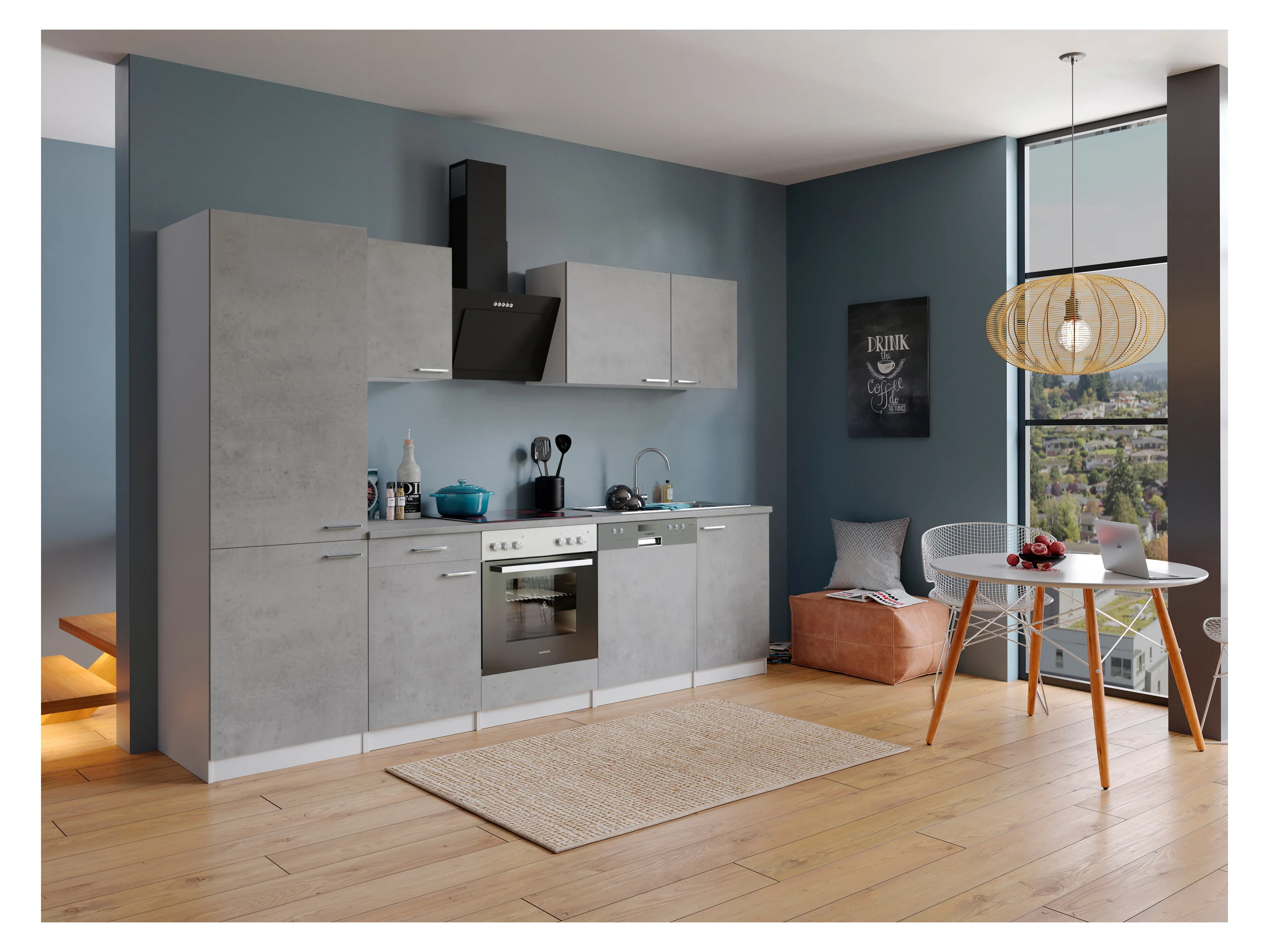 RESPEKTA Küche Malia (GlaskerKochf., KühlKombi, GSP, Beton, 280 cm) – Bild 2 von 4