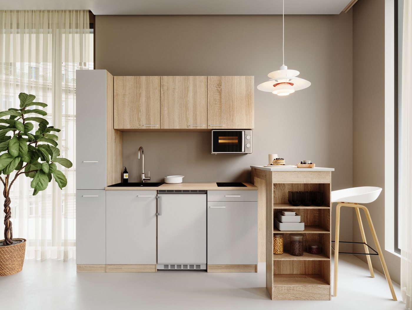 RESPEKTA Küchenzeile Ingrid, inkl. Tresentisch und Mikrowelle, zerlegt, wahlweise mit Kühlschrank, Soft-Close-Funktion, Breite 180 cm – Bild 2 von 5