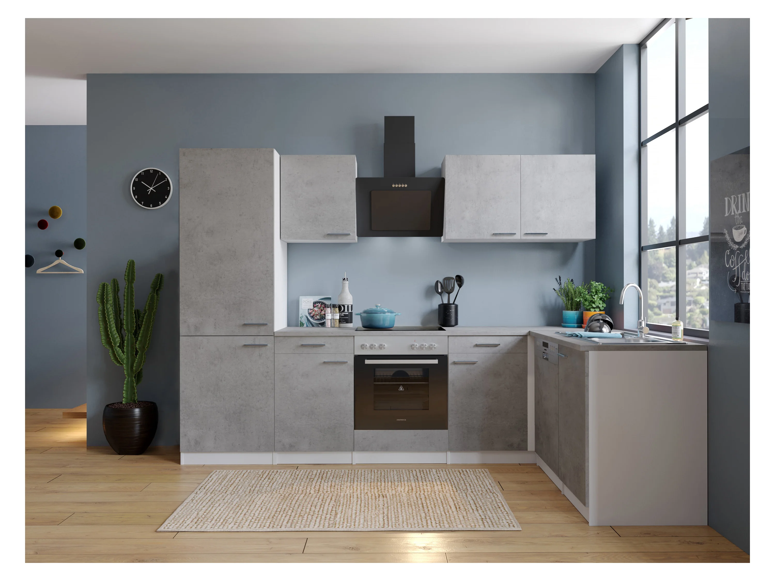 RESPEKTA Malia Winkelküche (GlaskerKochf., KühlKombi, GSP, Beton, 280 x 172 cm) – Bild 2 von 4