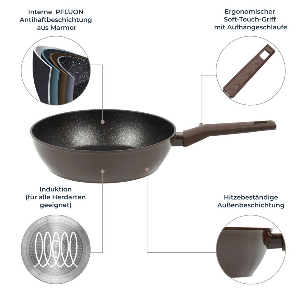 RESTO Kitchenware Bratpfanne Carina, tiefe Schmorpfanne mit holzähnlichem Soft-Touch-Griff, Aluminium (1-tlg), mit Marmor-Antihaftbeschichtung, 4-lagig, für all – Bild 4 von 5