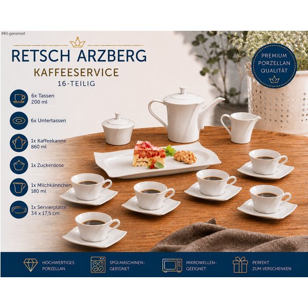 Retsch Arzberg Kaffeeservice 16-teilig – Tassen (200 ml oder 260 ml), 6 Personen, Spülmaschinengeeignet