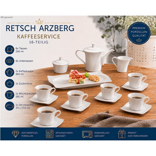 Retsch Arzberg Kaffeeservice 16-teilig – Tassen (200 ml oder 260 ml), 6 Personen, Spülmaschinengeeignet