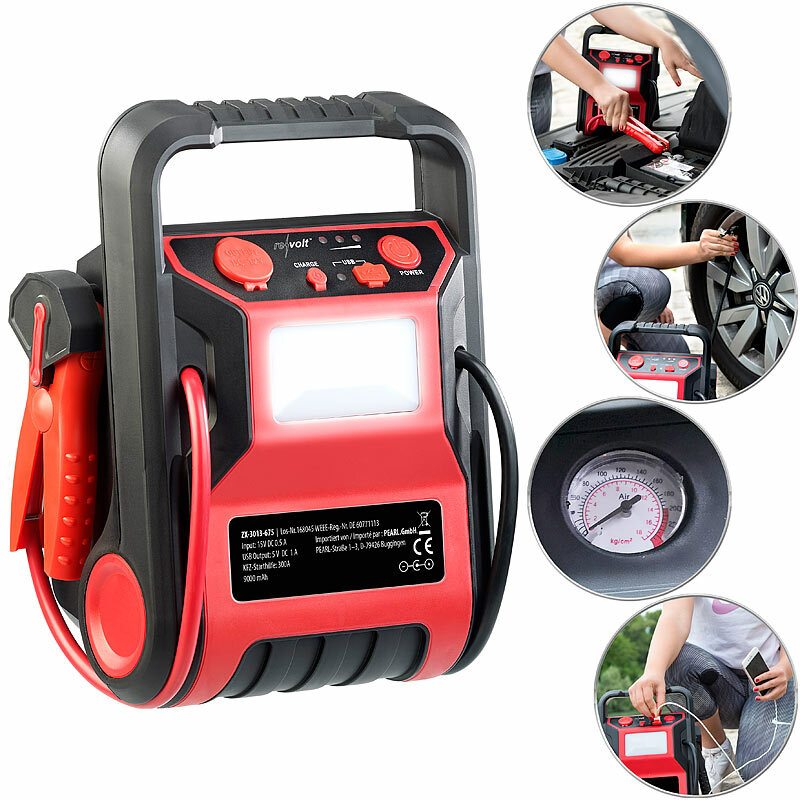 revolt 5in1-Starthilfe-Powerbank & Kompressor, USB, 12V 9.000mAh, 600A 250psi