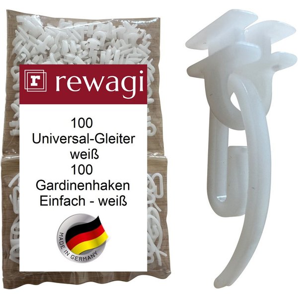 rewagi Gardinengleiter 100 Universal-Gleiter GON. 100 Gardinenhaken Einfach weiß, Gardinenschiene, Gardinenleiste, Gardinen, Vorhänge, (200-St)