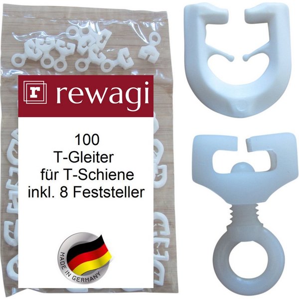 rewagi Gardinenhaken 100 T-Gleiter, Gardinenhaken & 8 Feststeller für T-Schienen, Gardinen, Vorhänge, Gardinenschienen, Gardinenleisten, (108-St), Farbe: weiß