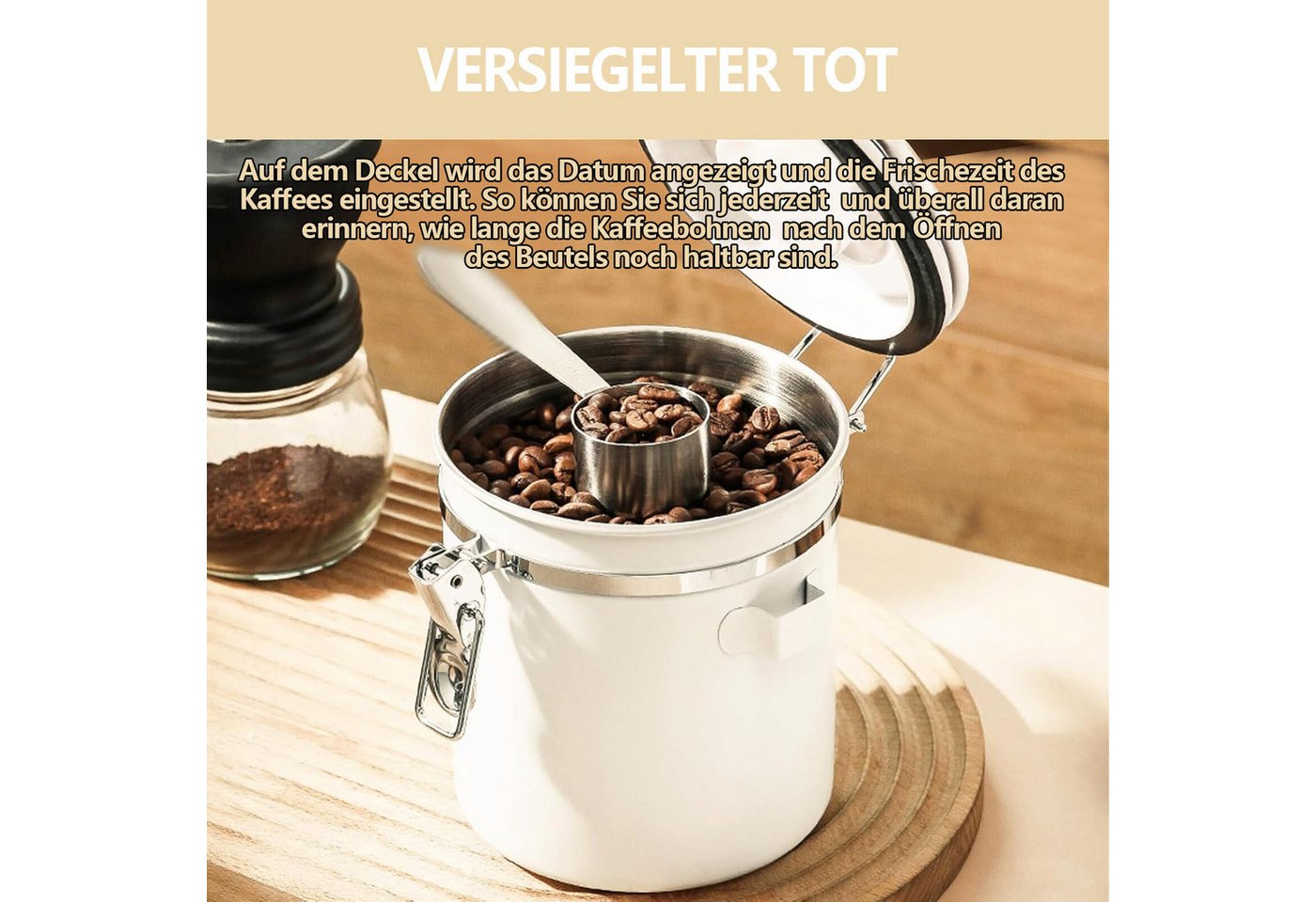 Rhein Beleuchtung Kaffeedose Kaffeedose luftdicht mit Datumsmarkierung, luftdichte aufbewahrungsbox, Edelstahl + ABS + Silikon, (Set, 1-tlg., Edelstahl, für die – Bild 2 von 5