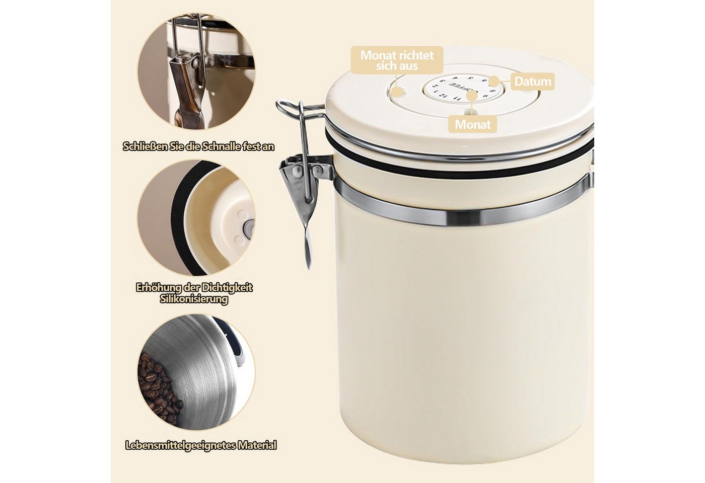 Rhein Beleuchtung Kaffeedose Kaffeedose luftdicht mit Datumsmarkierung, luftdichte aufbewahrungsbox, Edelstahl + ABS + Silikon, (Set, 1-tlg., Edelstahl, für die – Bild 3 von 5
