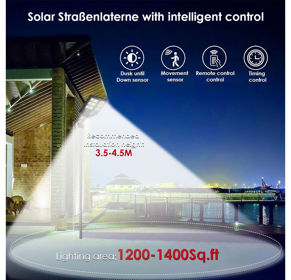 Rhein Beleuchtung LED Solarleuchte Solarleuchte Außen mit Bewegungsmelder 600W LED Straßenlampe, Mit Dämmerungssensor Timerfunktion, LED fest integriert, Kaltwe – Bild 2 von 5
