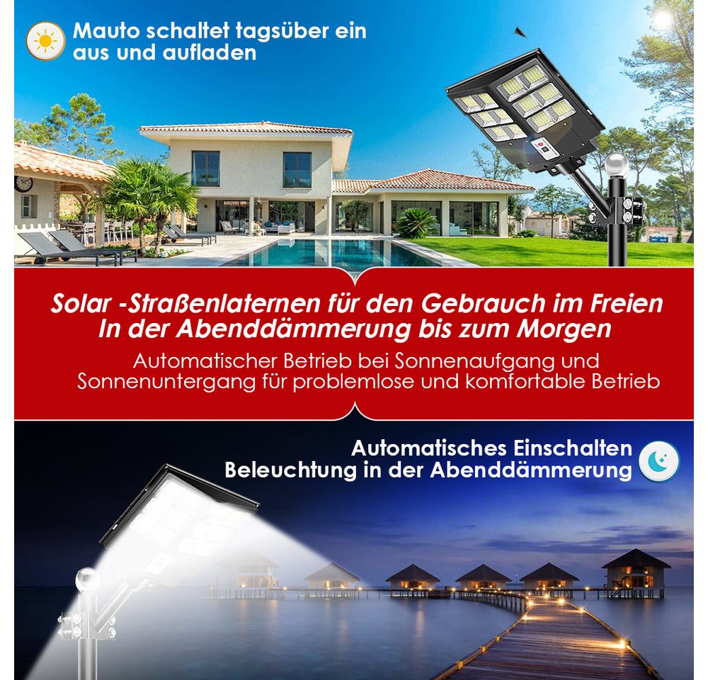 Rhein Beleuchtung LED Solarleuchte Solarleuchte Außen mit Bewegungsmelder 600W LED Straßenlampe, Mit Dämmerungssensor Timerfunktion, LED fest integriert, Kaltwe – Bild 4 von 5