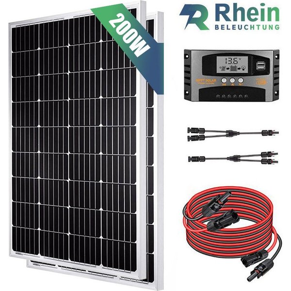 Rhein Beleuchtung Solarmodul 200W Solarpanel Set 12V Monokristallin für Wohnmobil & Camping, 200 W, Monokristallin, (Set, 1-St., Inkl. 40A MPPT-Regler, Y-Kabel,