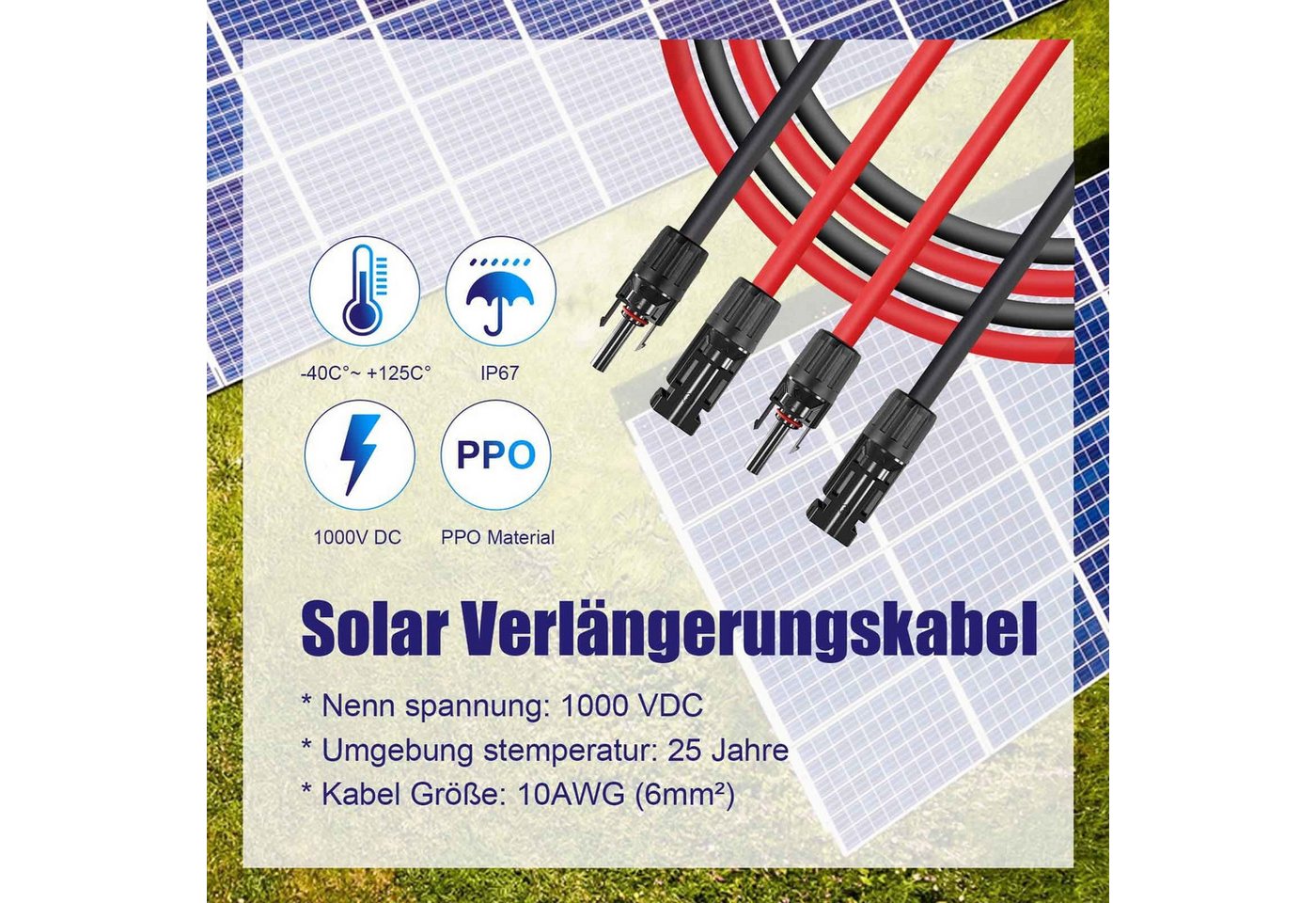 Rhein Beleuchtung Solarmodul Solarkabel, Verlängerungskabel mit Solarstecker (rot/schwarz, 6 mm), 0 W, Hochreiner Kupferkern und PPE-Material, (Set, 1-St., Geei – Bild 5 von 5