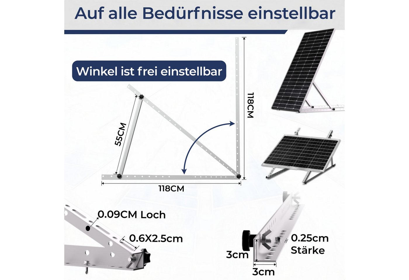 Rhein Beleuchtung Solarmodul Verstellbare Solarmodul-Halterung – 114 cm oder 118 cm, 0 W, Korrosionsbeständige Aluminiumlegierung, (Set, 8-St., Für PV-Module bi – Bild 4 von 5