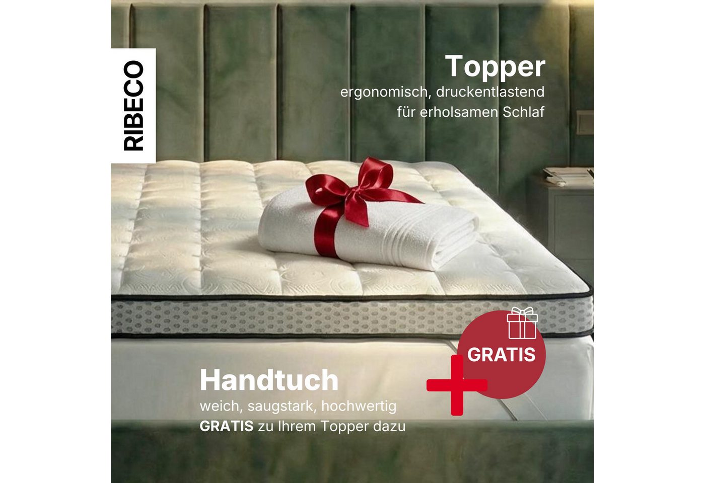 RIBECO, Topper Aaron, Topper 90x200 cm,180x200 cm, GRATIS dazu 1x Handtuch, 8 cm hoch, Gelschaum, Gelschaum, Matratze Boxspringbett geeignet, ergonomisch, Made  – Bild 2 von 5