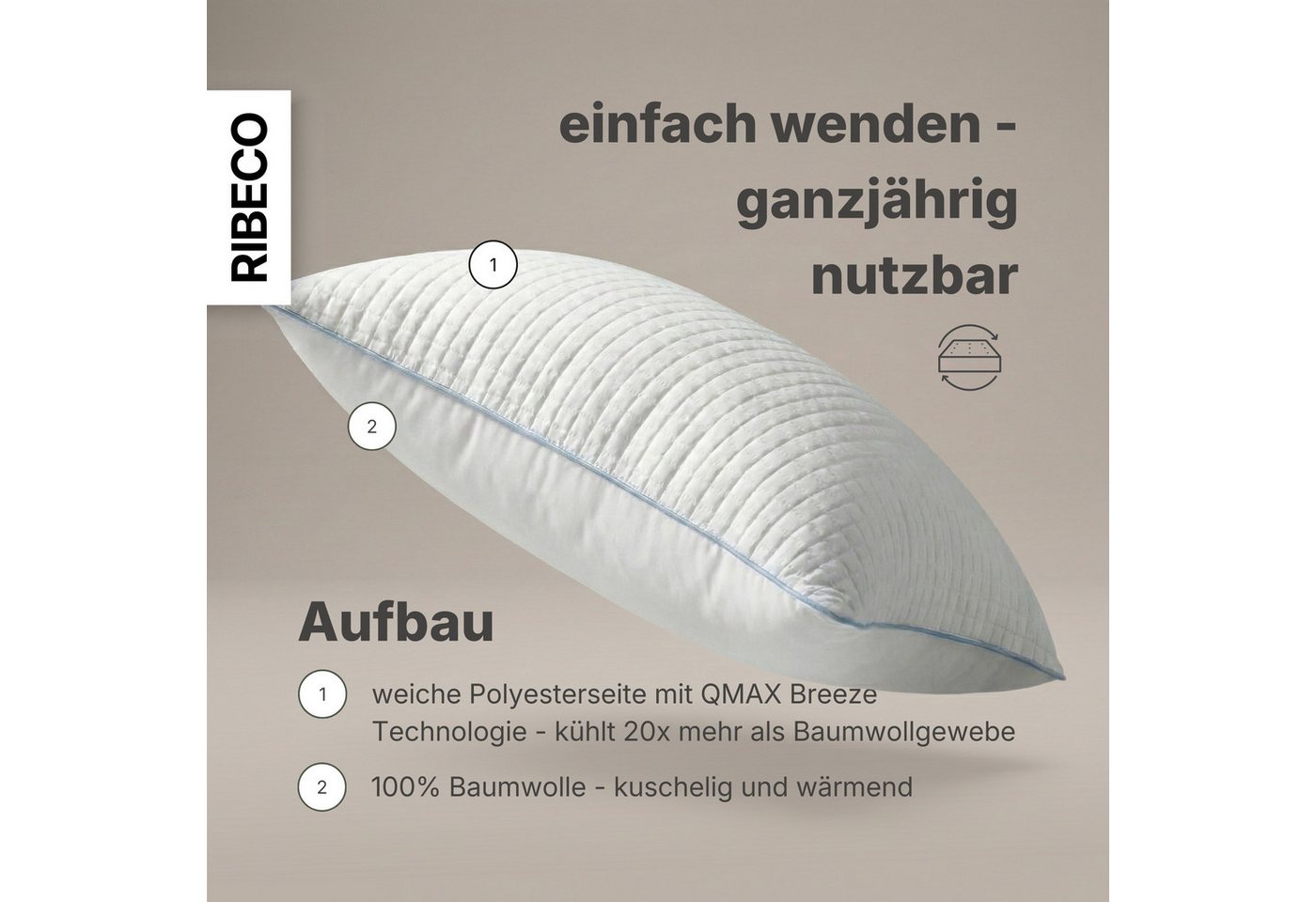 RIBECO Kopfkissen Olaf, 40x80 & 80x80 cm erhältlich, Füllung: Polyester, Bezug: Baumwolle & Polyester, mit kühlender Sommer- und weicher Winterseite! – Bild 4 von 5