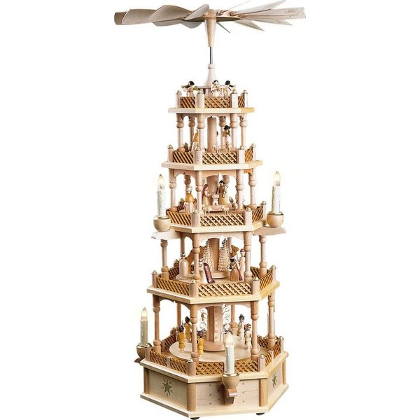 Richard Glaesser Weihnachtspyramide Pyramide Heilige Familie natur 4-stöckig, elektrisch, Höhe ca. 75 cm, Handwerkskunst original Erzgebirge, Made in Germany