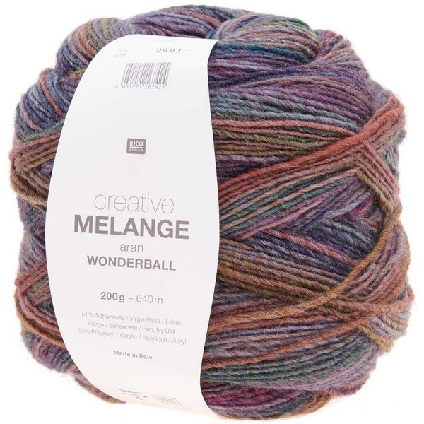Rico Design Creative Melange Aran Wonderball Häkelwolle, 640,00 m (Wolle mit Farbverlauf zum stricken oder häkeln, Strickgarn Handstrickgarn Strickwolle, 200g),