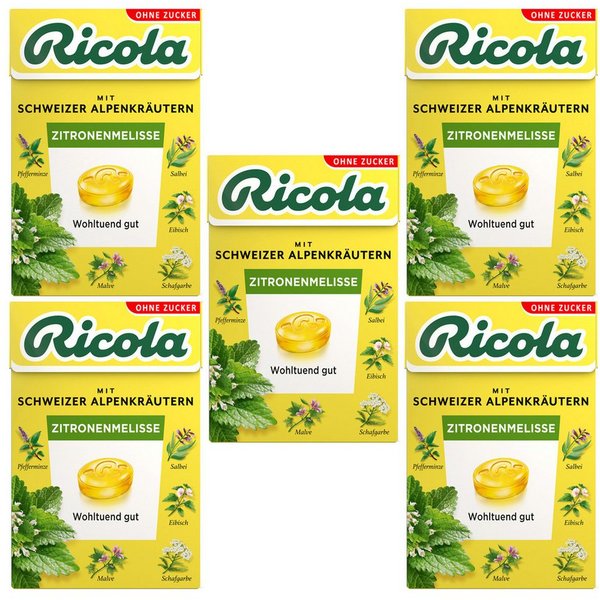 RICOLA Süßigkeit, Ricola Zitronenmelisse ohne Zucker fruchtig im Böxli 50g 5er Pack