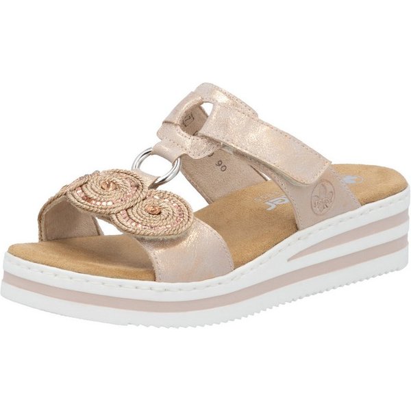 Rieker Pantolette Sommerschuh, Urlaubsschuh mit Glitzersteine, Metallic-Optik