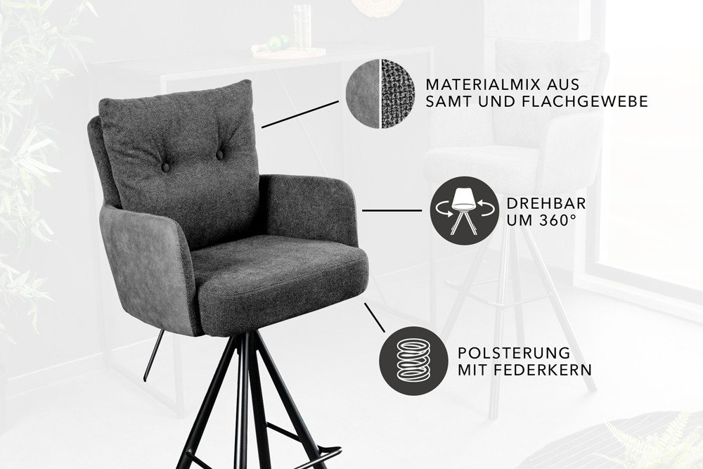 riess-ambiente Barhocker BIG GEORGE anthrazit - Samt, drehbar, Metall-Beine, mit Armlehne (Einzelartikel, 1 St), mit Taschenfederkern & Fußablage – ideal für Kü – Bild 4 von 5
