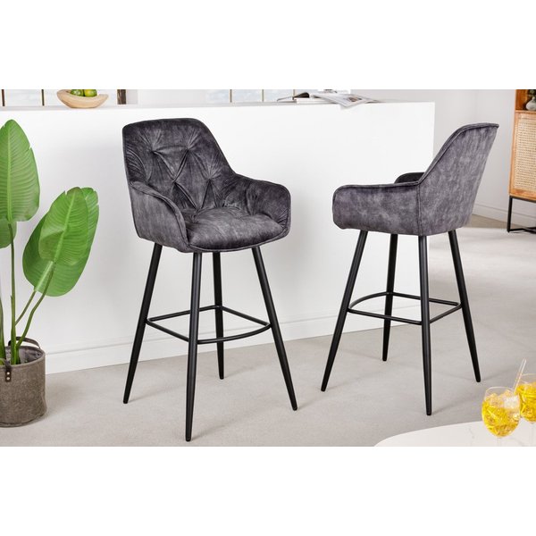 riess-ambiente Barhocker MILANO grau/schwarz - Samt, Metallgestell, mit Lehne & Fußablage (Einzelartikel, 1 St), Stuhl mit Chesterfield-Steppung – ideal für Dei