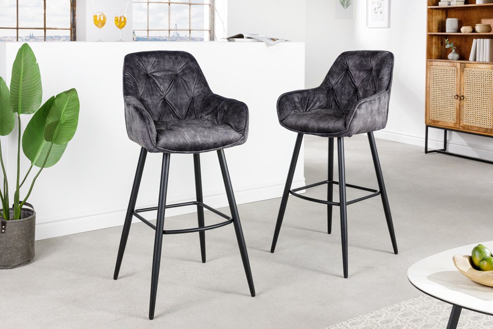 riess-ambiente Barhocker MILANO grau/schwarz - Samt, Metallgestell, mit Lehne & Fußablage (Einzelartikel, 1 St), Stuhl mit Chesterfield-Steppung – ideal für Dei – Bild 2 von 5