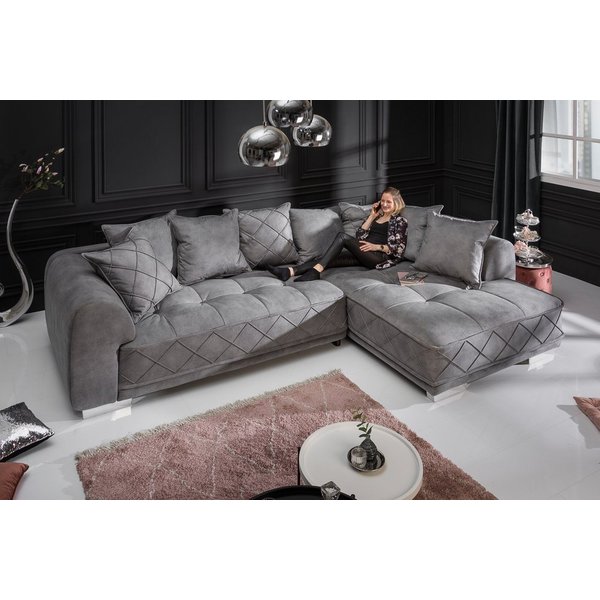 riess-ambiente Big-Sofa DECADENCIA 320cm silbergrau – Samt, XXL, 8 Kissen, variable Ottomane, Einzelartikel 1 Teile, edle Eckcouch mit Federung & Rundum-Bezug –