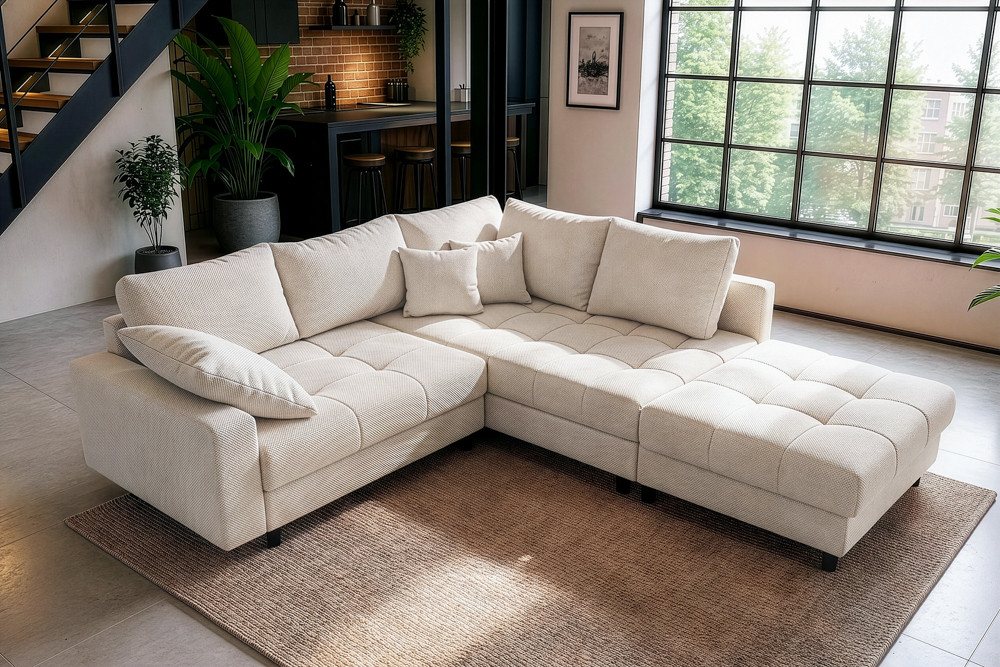 riess-ambiente Ecksofa KENT 220cm champagner beige - Chenille, FSC, inkl. Hocker & Kissen, Set 2 Teile, L-Förmige Wohnlandschaft mit Federkern - ideal für Wohnz – Bild 4 von 5