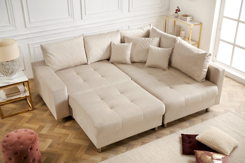 riess-ambiente Ecksofa KENT 220cm champagner beige - Samt, L-Form, Federkern, Hocker & Kissen, Set 1 Teile, Wohnlandschaft in Familiengröße - ideales Design für – Bild 3 von 5