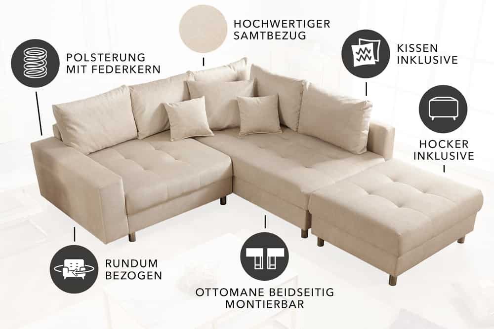 riess-ambiente Ecksofa KENT 220cm champagner beige - Samt, L-Form, Federkern, Hocker & Kissen, Set 1 Teile, Wohnlandschaft in Familiengröße - ideales Design für – Bild 5 von 5