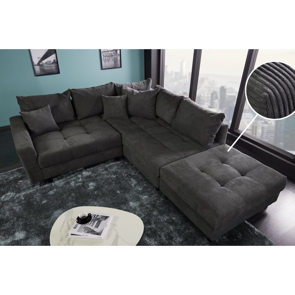 riess-ambiente Ecksofa KENT 220cm dunkelgrau - Cord, L-Form, Federkern, Hocker & Kissen, FSC, Set 2 Teile, Wohnlandschaft in Familiengröße - ideales Design fürs