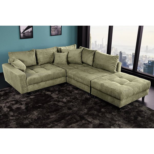 riess-ambiente Ecksofa KENT 220cm grün - Cord, L-Form, Federkern, m. Kissen, FSC-zertifiziert, Einzelartikel 1 Teile, Moderne Wohnlandschaft inkl. Hocker - idea
