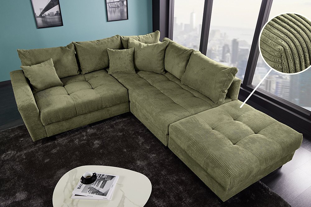 riess-ambiente Ecksofa KENT 220cm grün - Cord, L-Form, Federkern, m. Kissen, FSC-zertifiziert, Einzelartikel 1 Teile, Moderne Wohnlandschaft inkl. Hocker - idea – Bild 5 von 5