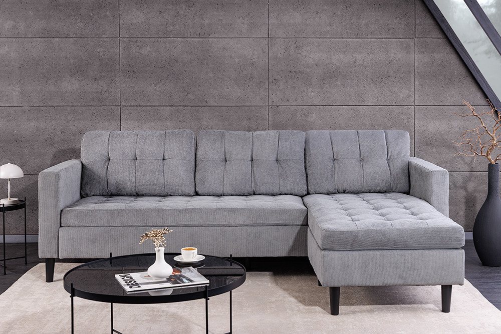 riess-ambiente Ecksofa STOCKHOLM 220cm grau · Couch mit Cordbezug und Federkern-Polsterung, Einzelartikel 1 Teile, 3-Sitzer in L-Form · inkl. Kissen · Ottomane  – Bild 3 von 5