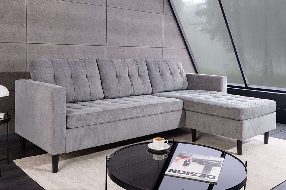 riess-ambiente Ecksofa STOCKHOLM 220cm grau · Couch mit Cordbezug und Federkern-Polsterung, Einzelartikel 1 Teile, 3-Sitzer in L-Form · inkl. Kissen · Ottomane  – Bild 4 von 5